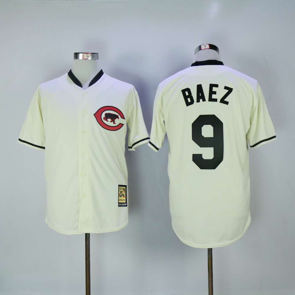 Men Chicago Cubs 9 Baez Cream Throwback MLB Jerseys